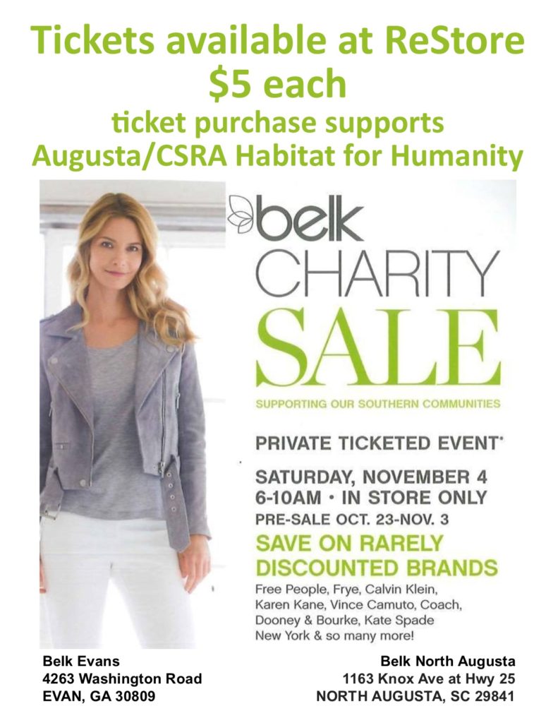 Belk Charity Sale Buy Tickets at Either ReStore! Augusta/CSRA