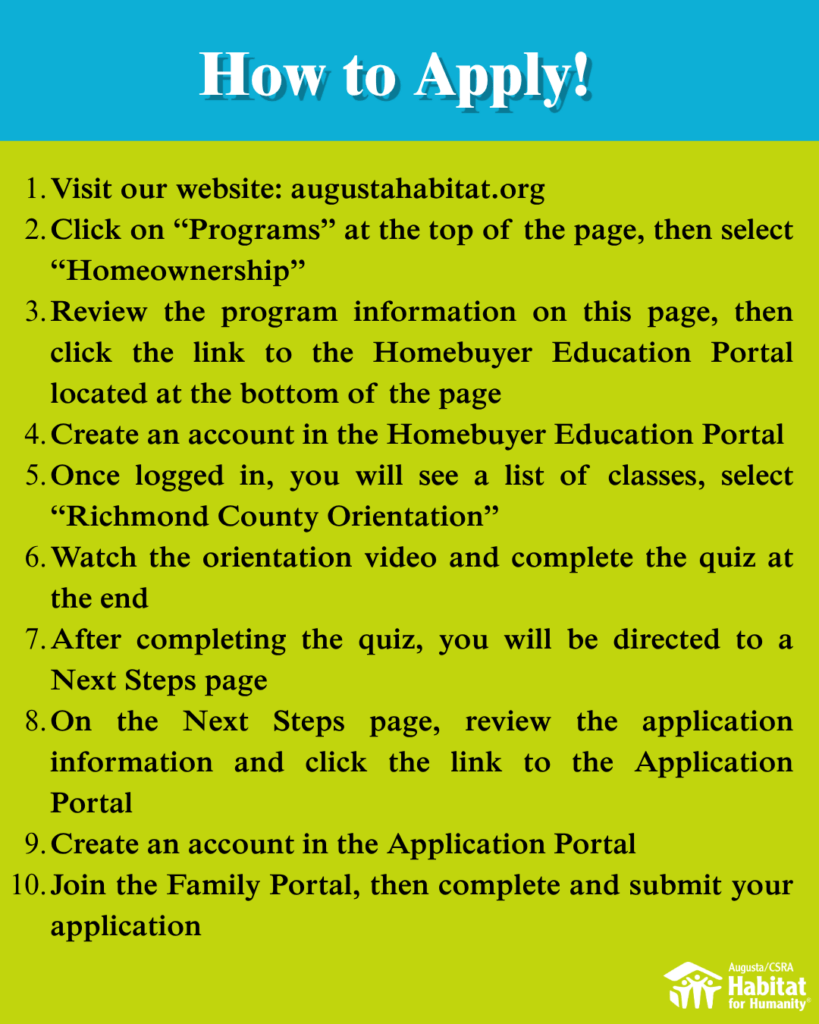Instructional flyer titled "How to Apply!" with nine steps for applying to Augusta Habitat for Humanity, describing creating accounts, taking an orientation quiz, and submitting an application. Text on a blue and yellow background.
